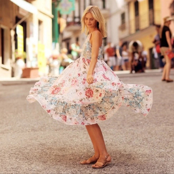 Zimmermann Meadowsweet Georgia High Neck Floral Print Tiered Crochet Sun Dress 2 - Picture 1 of 17